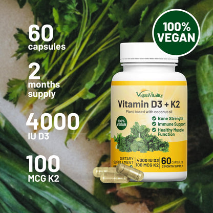 Vegan Vitality Vitamin D3 K2 4000IU (60 Capsules) – Plant-Based D3 + K2 with Coconut Oil
