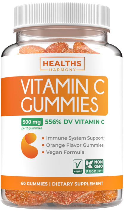 Vegan Vitamin C Gummies for Adults – 500 mg Immune Support, Orange Flavor, Non-GMO (1 Month)