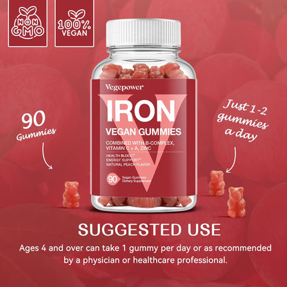 VEGEPOWER Iron Gummies – Vegan Iron Multivitamin for Women & Kids, Peach Flavor (3 Packs)