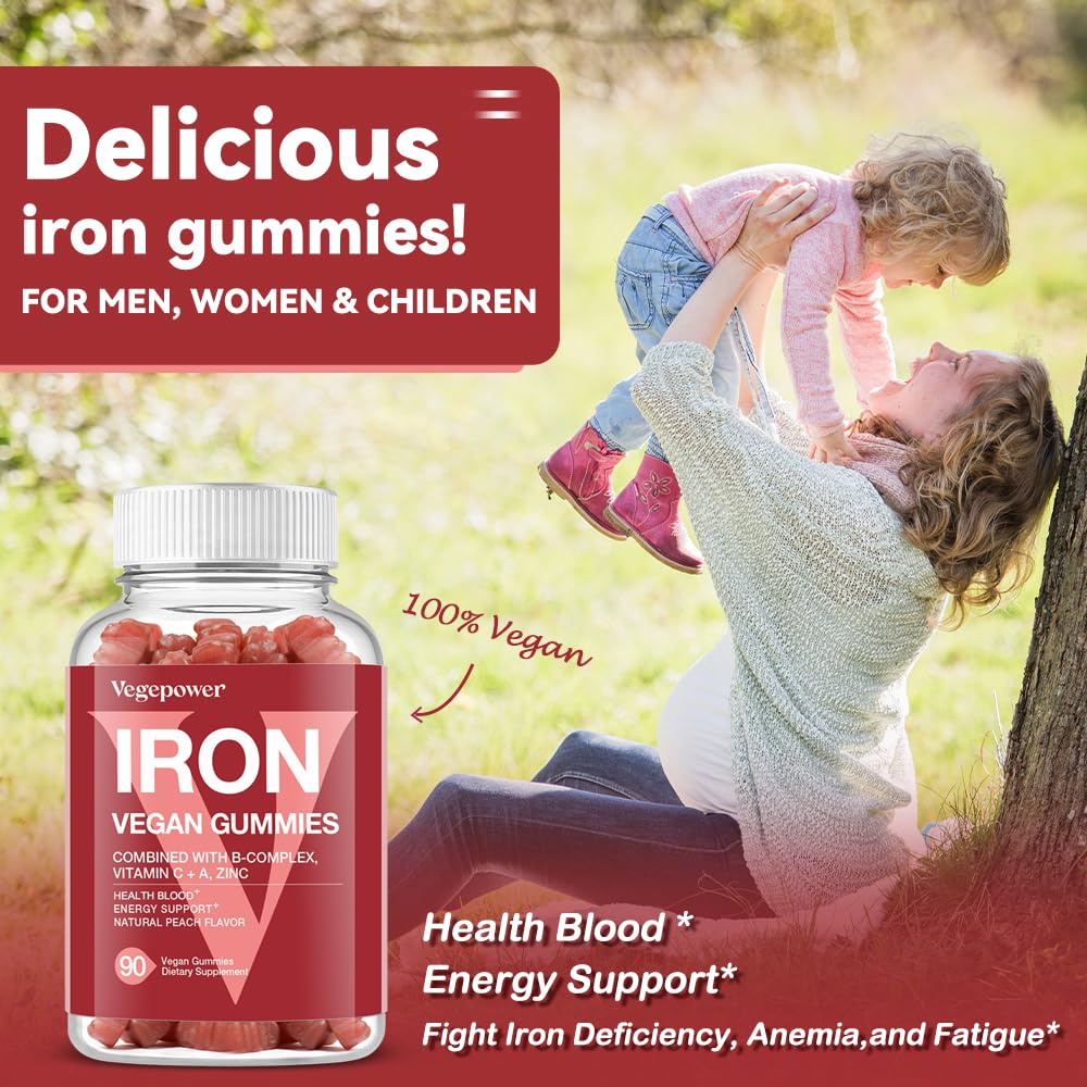 VEGEPOWER Iron Gummies – Vegan Iron Multivitamin for Women & Kids, Peach Flavor (3 Packs)