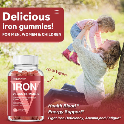 VEGEPOWER Iron Gummies – Vegan Iron Multivitamin for Women & Kids, Peach Flavor (3 Packs)