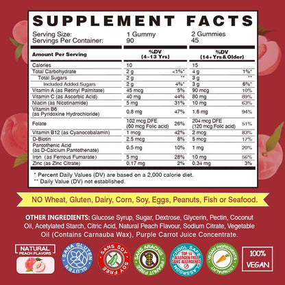 VEGEPOWER Iron Gummies – Vegan Iron Multivitamin for Women & Kids, Peach Flavor (3 Packs)