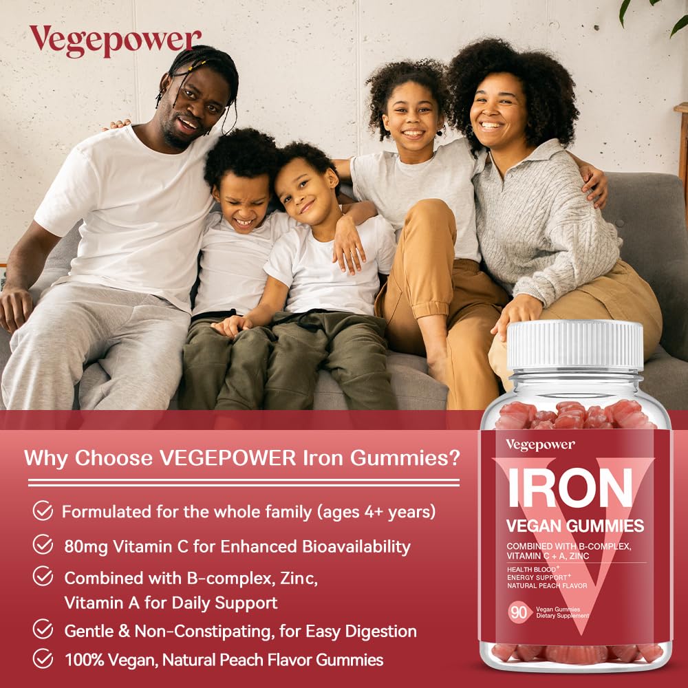 VEGEPOWER Iron Gummies – Vegan Iron Multivitamin for Women & Kids, Peach Flavor (3 Packs)