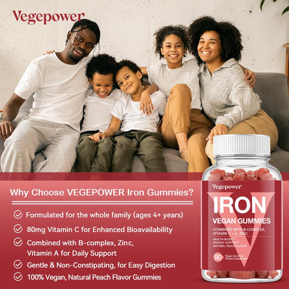 VEGEPOWER Iron Gummies – Vegan Iron Multivitamin for Women & Kids, Peach Flavor (3 Packs)