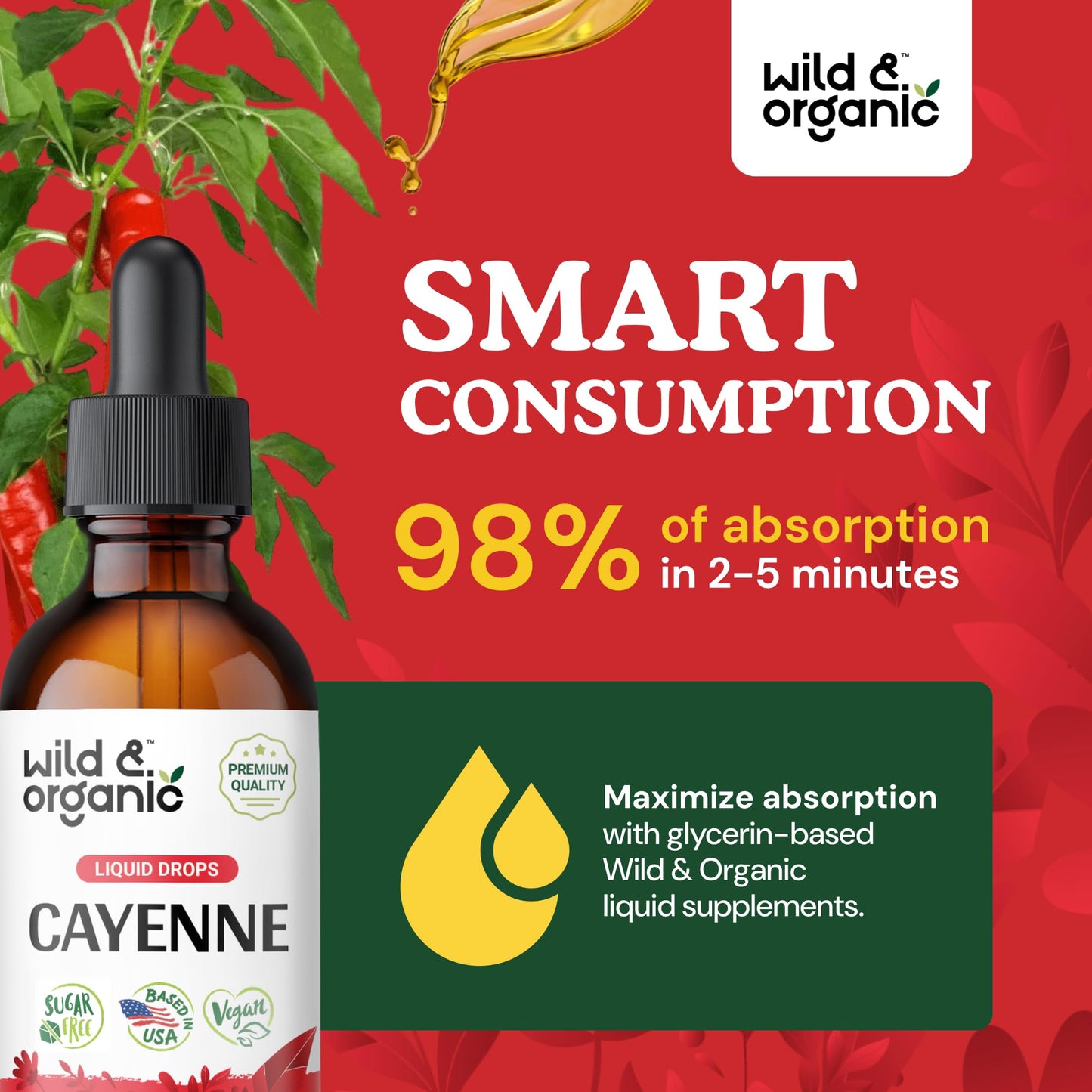 Wild & Organic Cayenne Pepper Tincture - Digestive Support, Alcohol-Free Drops, 2 fl oz