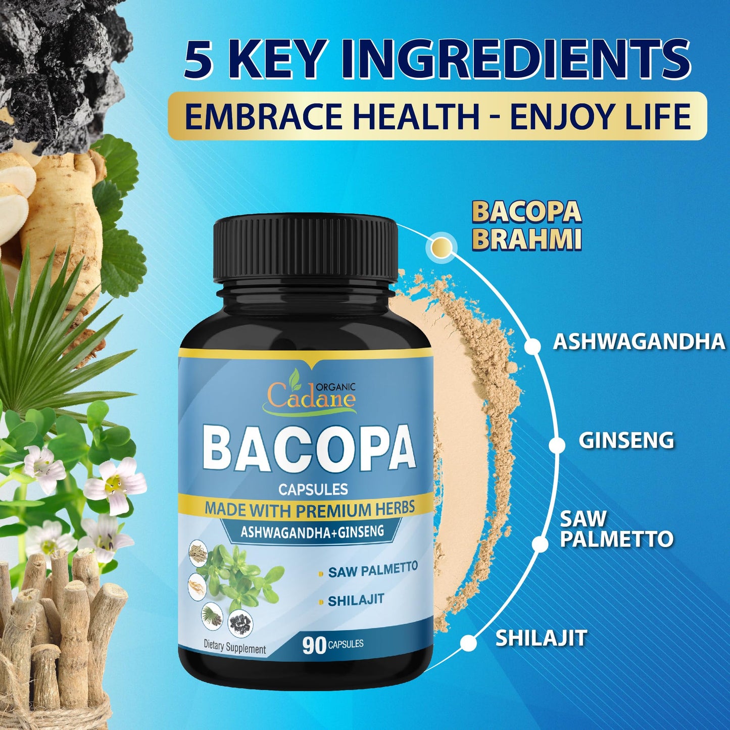 Organic Bacopa Monnieri Supplement with Ashwagandha, Ginseng, Saw Palmetto & Shilajit - 90 Capsules (3-Month Supply)