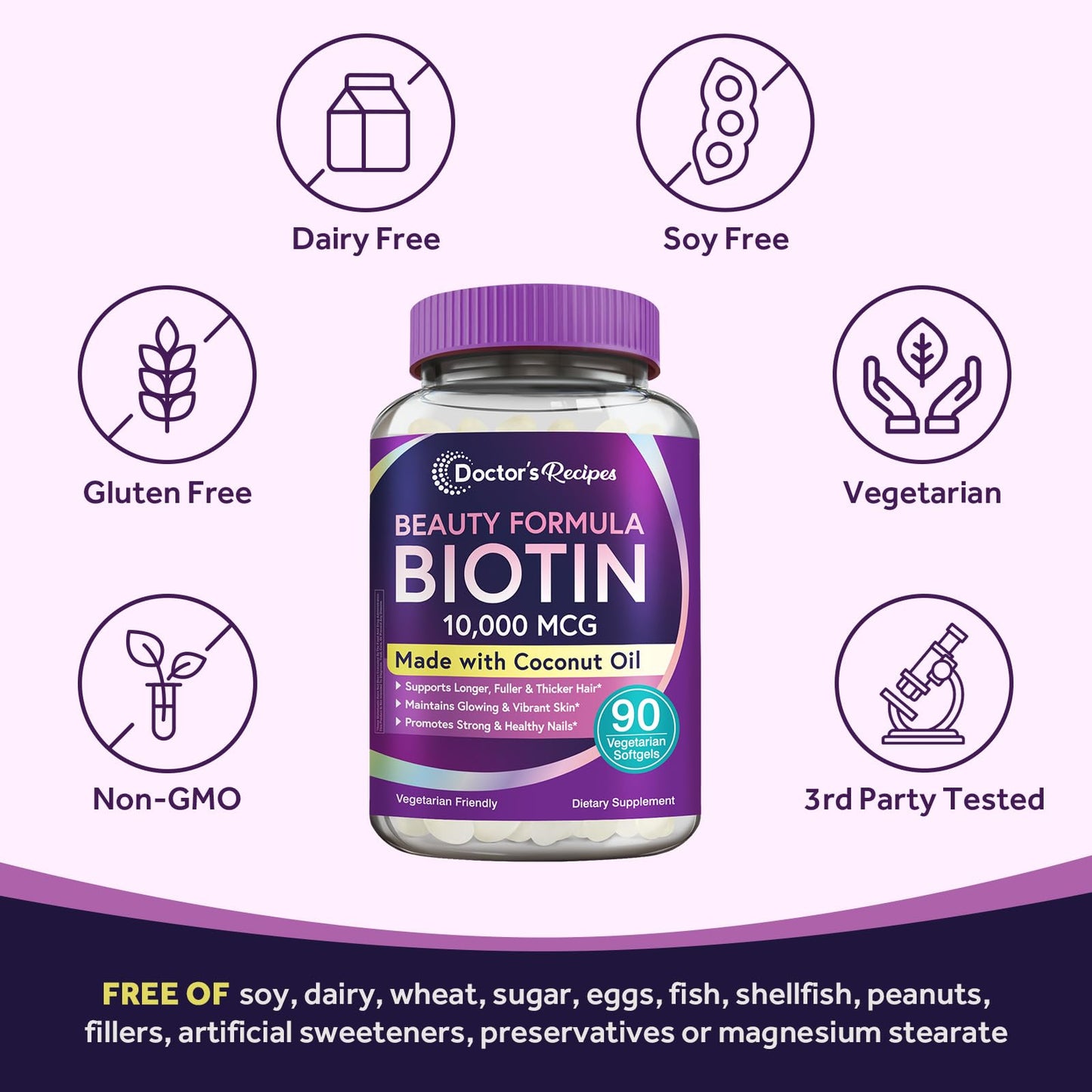 Doctor's Recipes Biotin 10,000 mcg – Hair, Skin & Nails | Vegetarian, Non-GMO