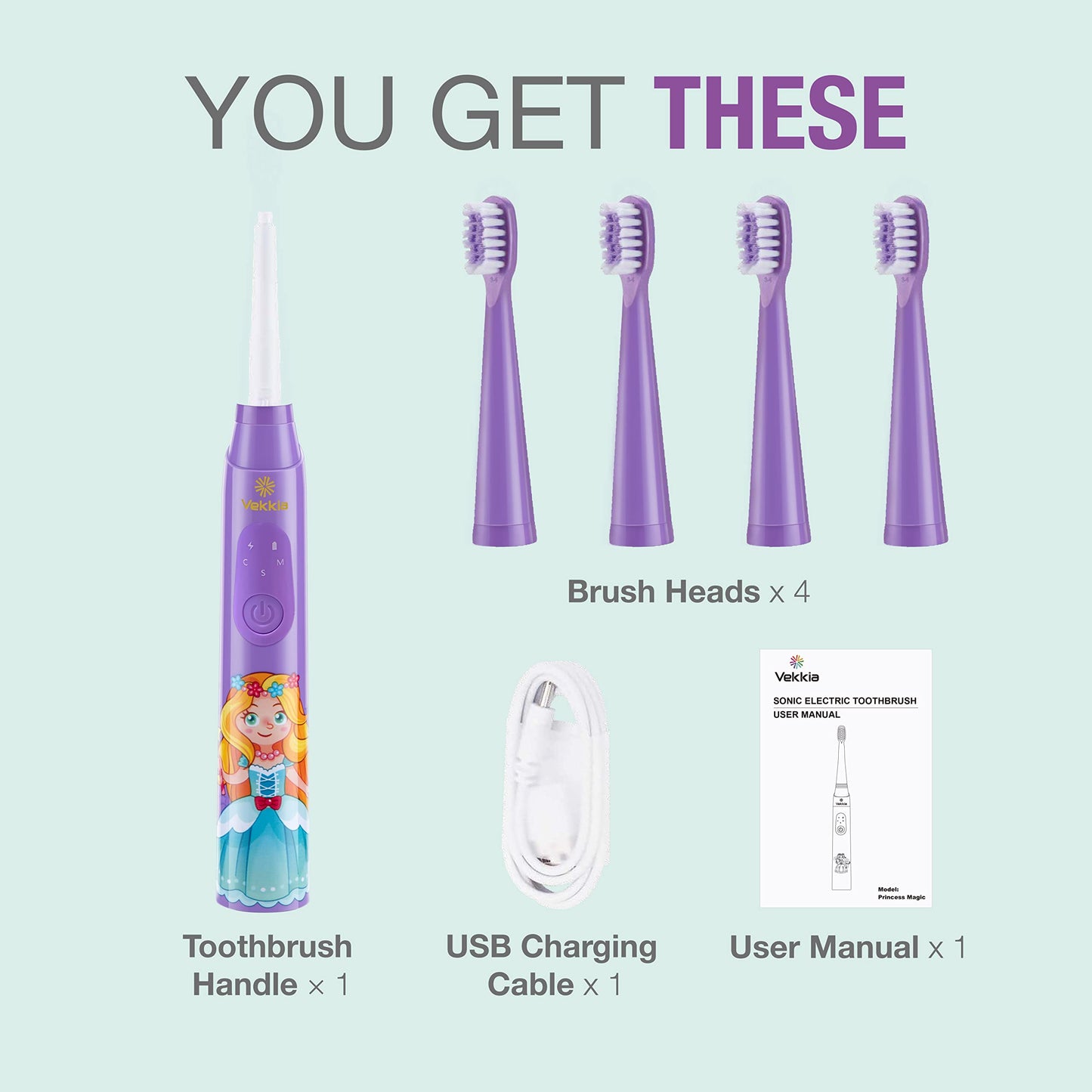 Vekkia Sonic Kids Electric Toothbrush – 3 Modes, 24000 Strokes, IPX7 Waterproof
