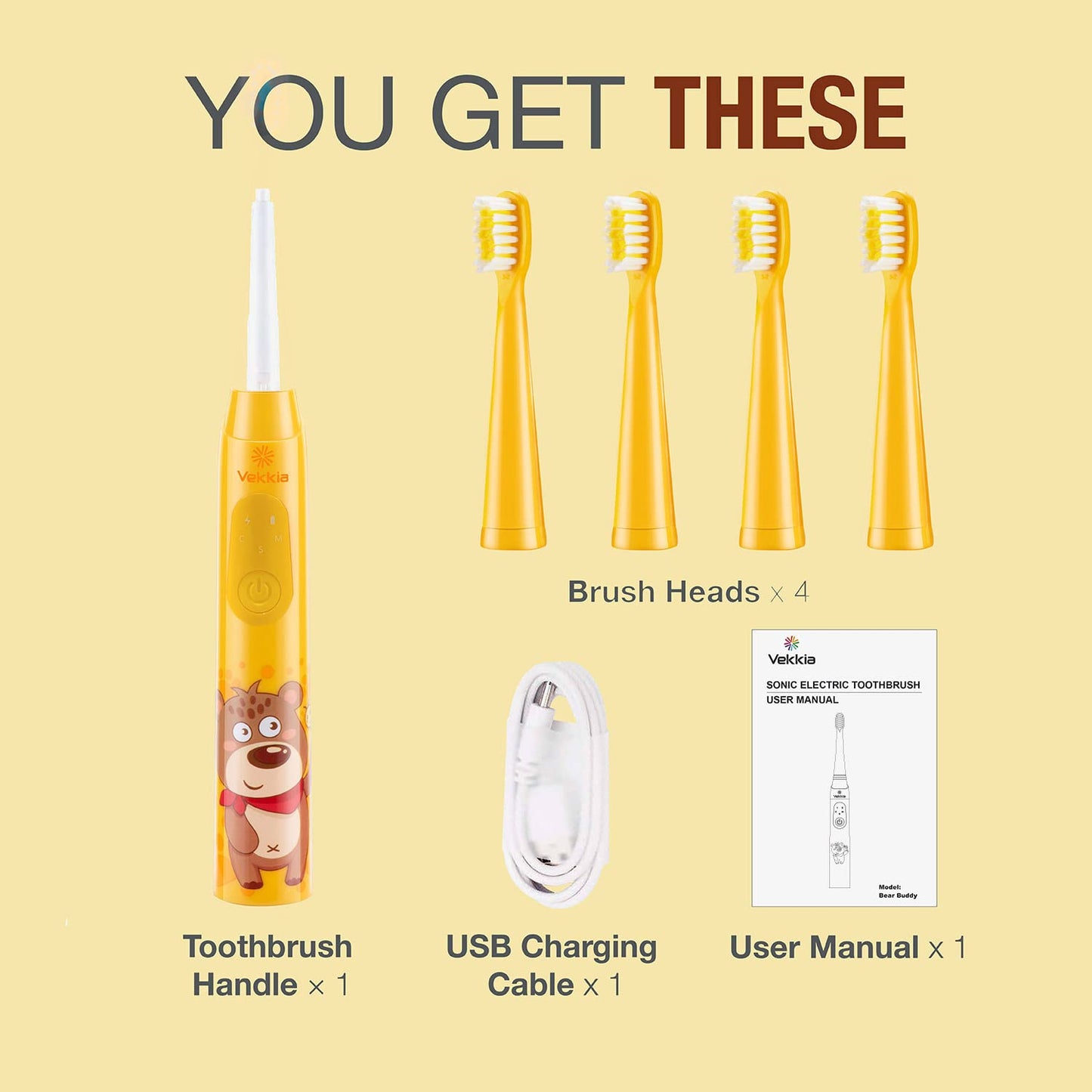 Vekkia Sonic Rechargeable Kids Electric Toothbrush – 3 Modes, IPX7 Waterproof, 24000 Strokes, 2-Min Timer