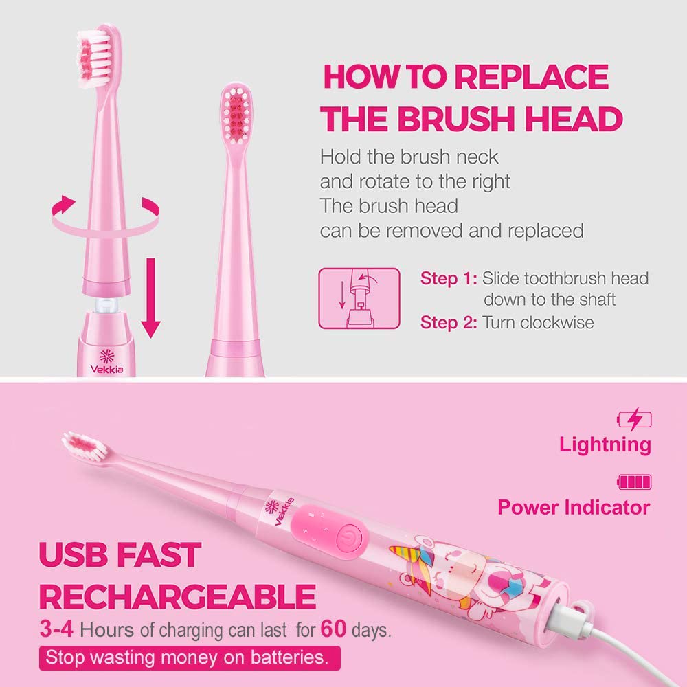 Vekkia Kids Sonic Toothbrush – 3 Modes, Memory, 2-Min Timer, Pink
