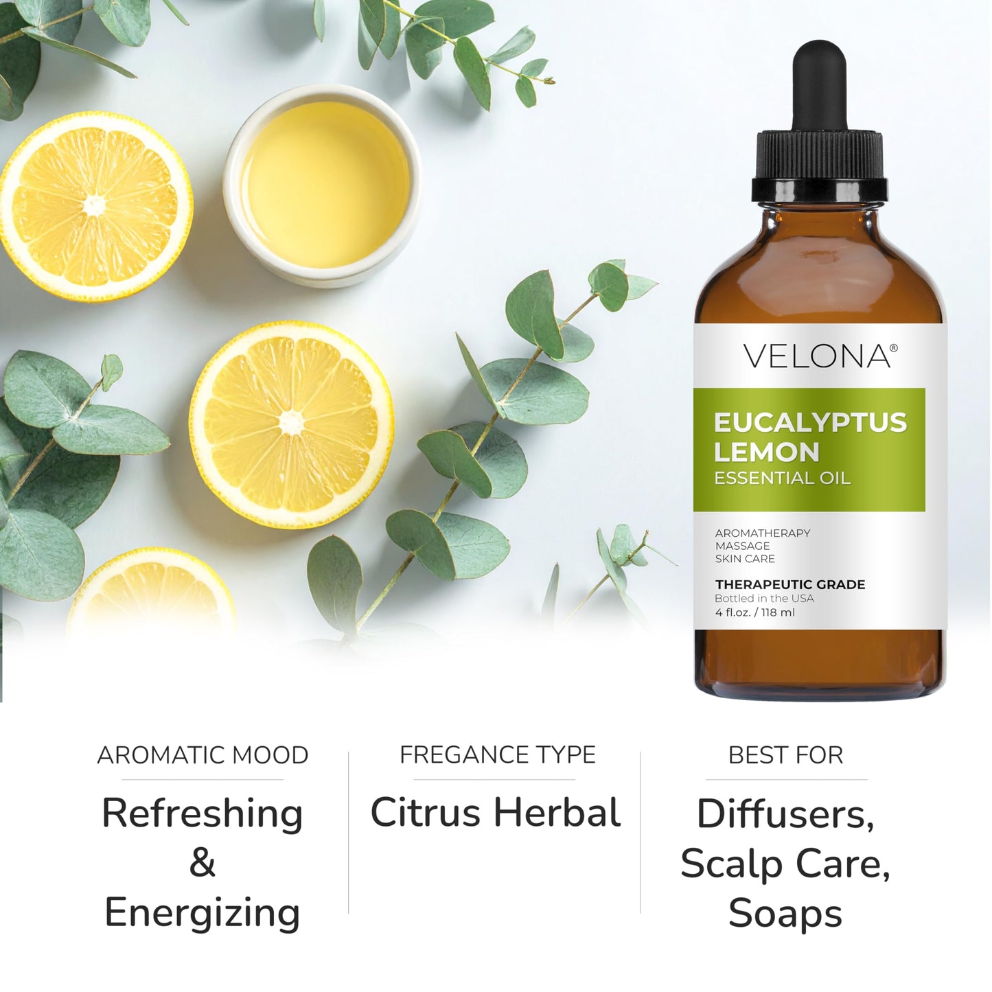 Velona Eucalyptus Lemon Essential Oil – 4 fl oz, Therapeutic Grade, Undiluted