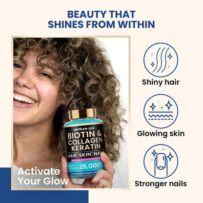 Venture Pal Biotin Gummies with Collagen & Keratin – 10,000 mcg Biotin, Hair, Skin & Nails Support, Sugar Free, Non-GMO, 60ct