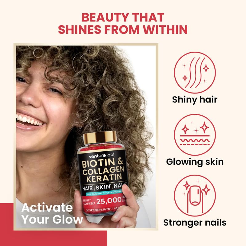 Venture Pal Biotin Gummies with Collagen & Keratin – Hair & Skin Support (60ct)
