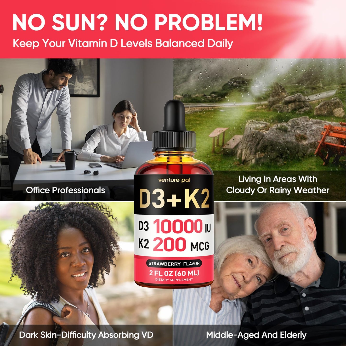 Venture Pal 5-in-1 Vitamin D3 10000 IU + K2 MK-7 Liquid (2 oz)