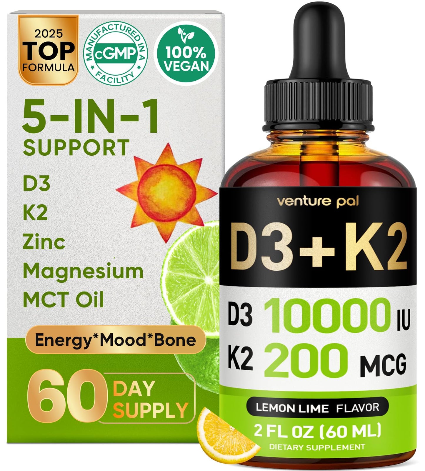 Venture Pal 5-in-1 Vitamin D3 10,000 IU & K2 MK-7 200 mcg | Magnesium, MCT Oil, Zinc | Sugar-Free Vitamin D Liquid (2 fl oz, 60 days) | Maximum Absorption