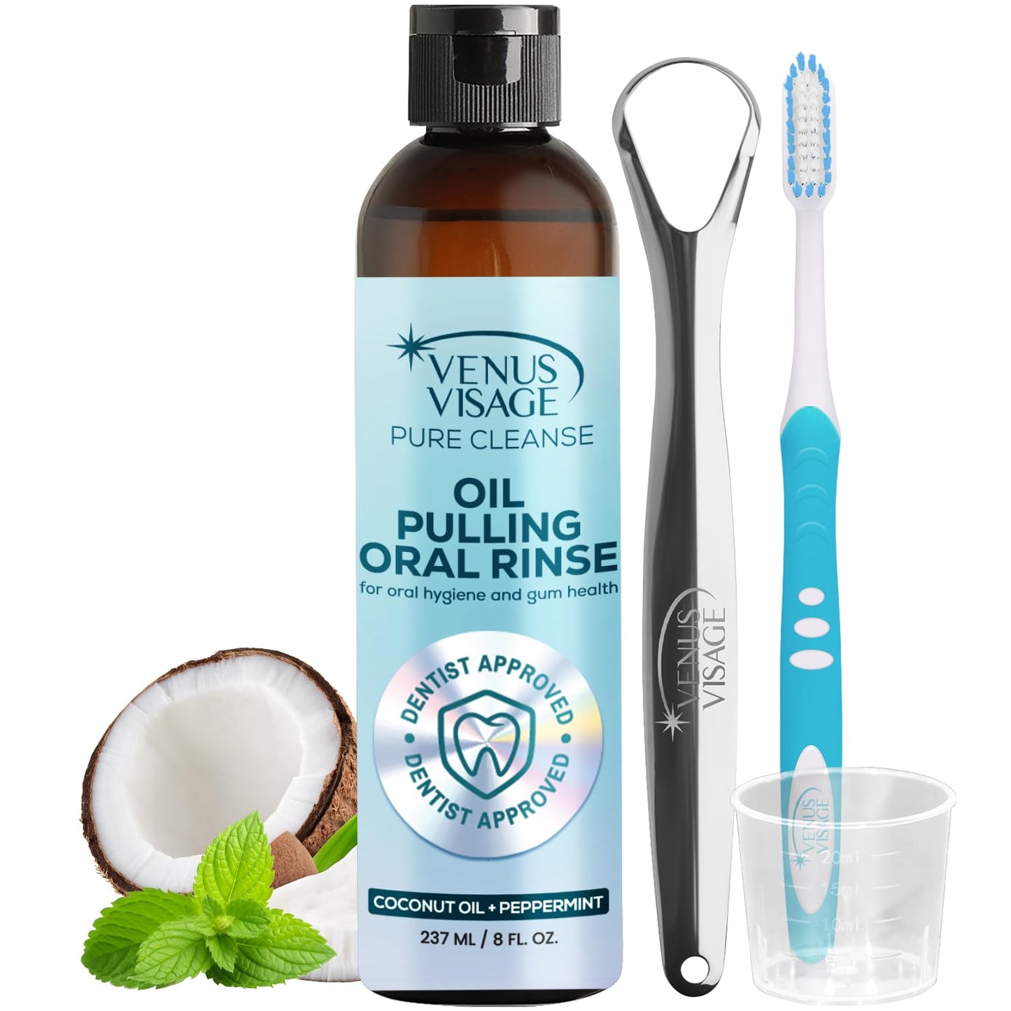 Venus Visage Coconut Oil Pulling Oil with Tongue Scraper – 8 oz, Alcohol-Free