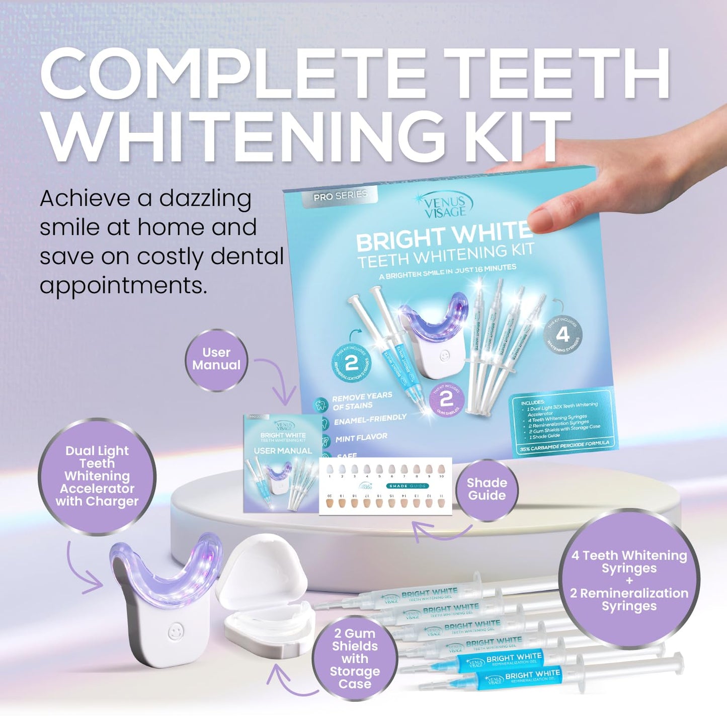 Venus Visage LED Teeth Whitening Kit – 4x 35% Carbamide Peroxide, Remineralization Gel, LED Light, Trays & Shade Guide