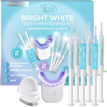Venus Visage LED Teeth Whitening Kit – 4x 35% Carbamide Peroxide, Remineralization Gel, LED Light, Trays & Shade Guide