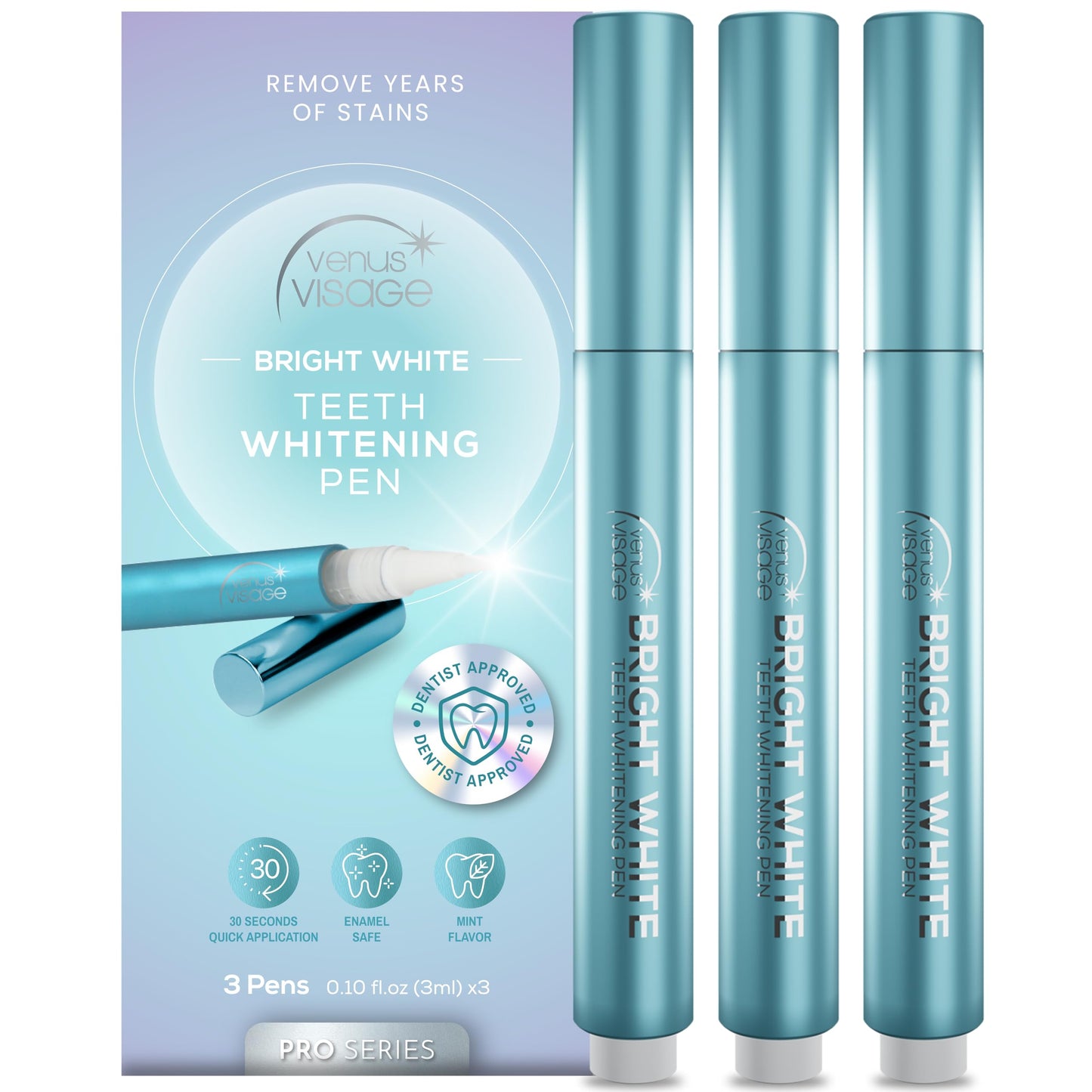 Venus Visage Teeth Whitening Pen - 40+ Uses, Mint Flavor - 3 Pack