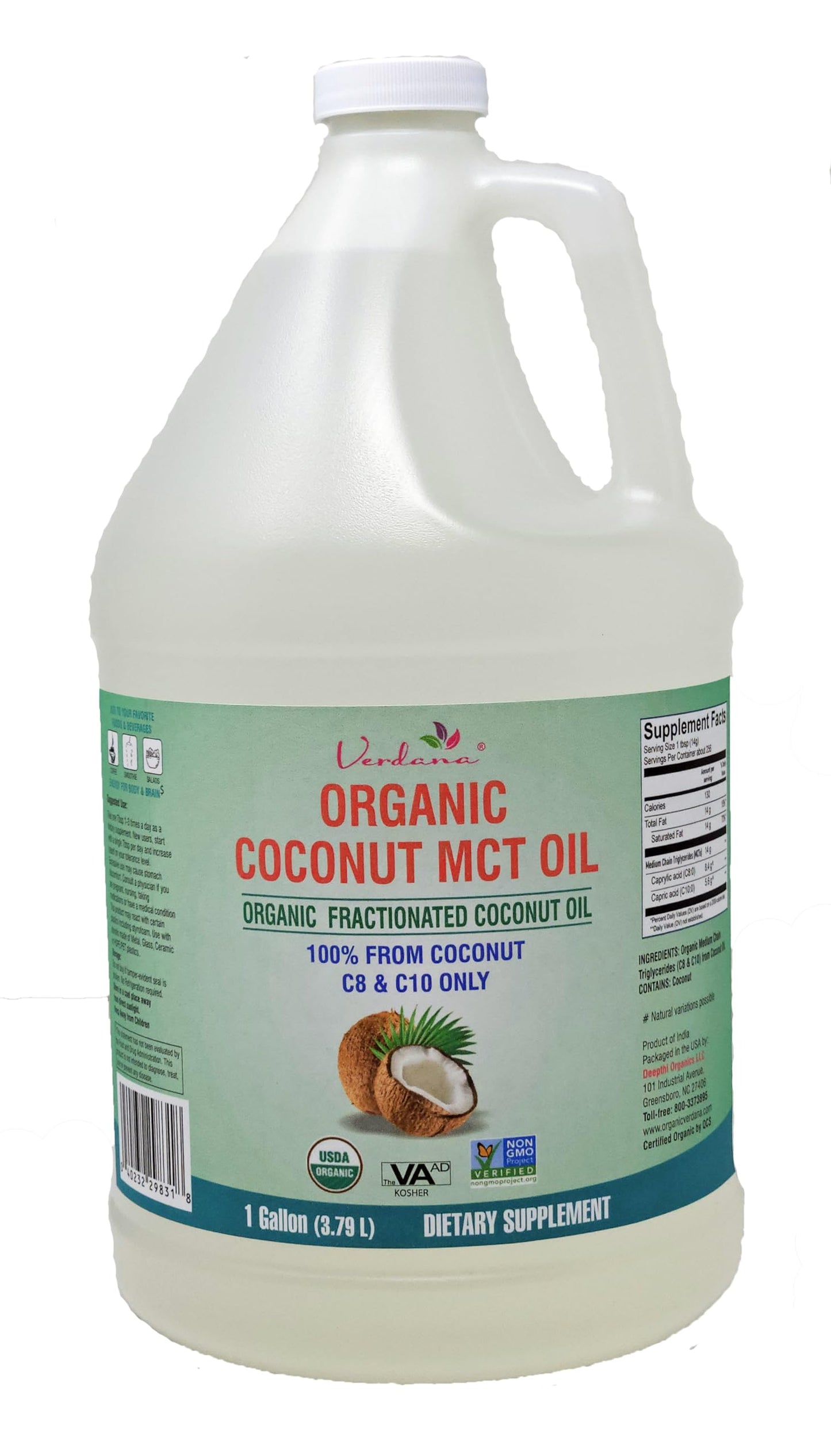 Verdana USDA Certified Organic Coconut MCT Oil – Fractionated Coconut Oil, No Palm Kernel Used, Kosher, Non-GMO, Food Grade – 1 Gallon