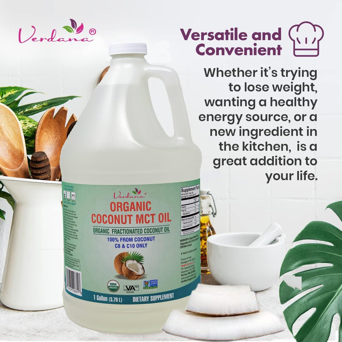 Verdana USDA Certified Organic Coconut MCT Oil – Fractionated Coconut Oil, No Palm Kernel Used, Kosher, Non-GMO, Food Grade – 1 Gallon