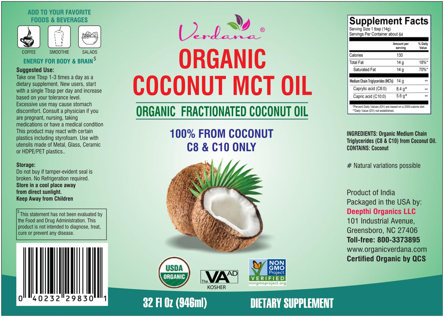 Verdana USDA Certified Organic Coconut MCT Oil – Fractionated Coconut Oil, No Palm Kernel Used, Kosher, Non-GMO, Food Grade – 1 Gallon