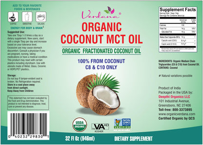 Verdana USDA Certified Organic Coconut MCT Oil – Fractionated Coconut Oil, No Palm Kernel Used, Kosher, Non-GMO, Food Grade – 1 Gallon