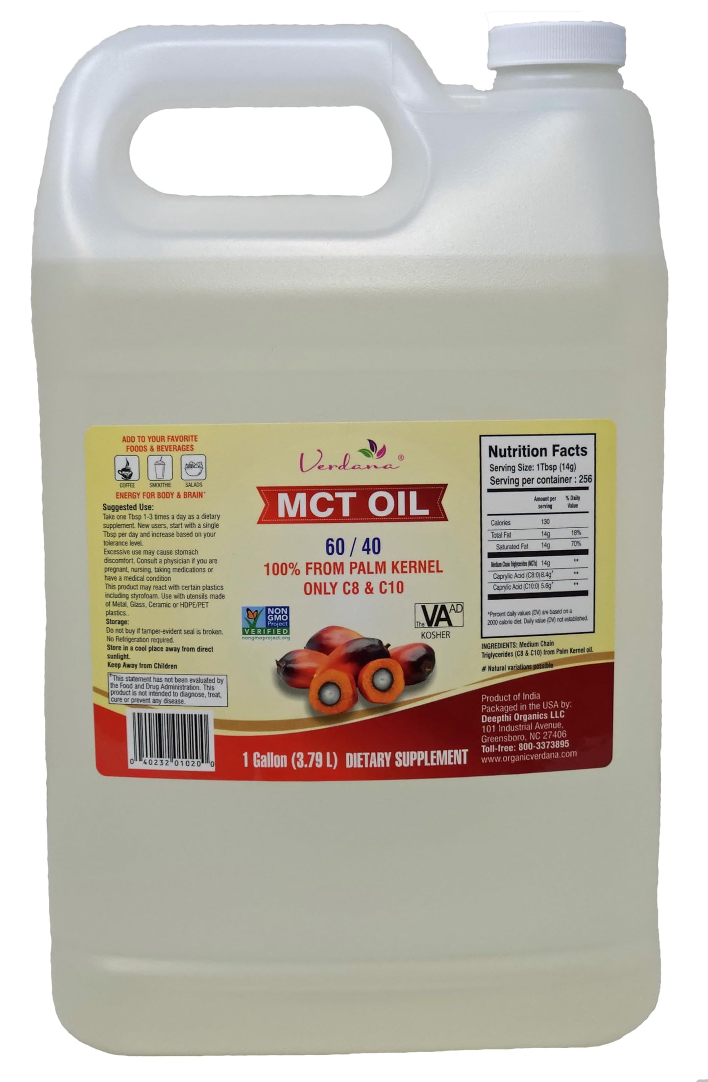 Verdana Food Grade MCT Oil – 1 Gallon (128 fl oz) – C8/C10, Keto & Paleo, Non-GMO, Kosher