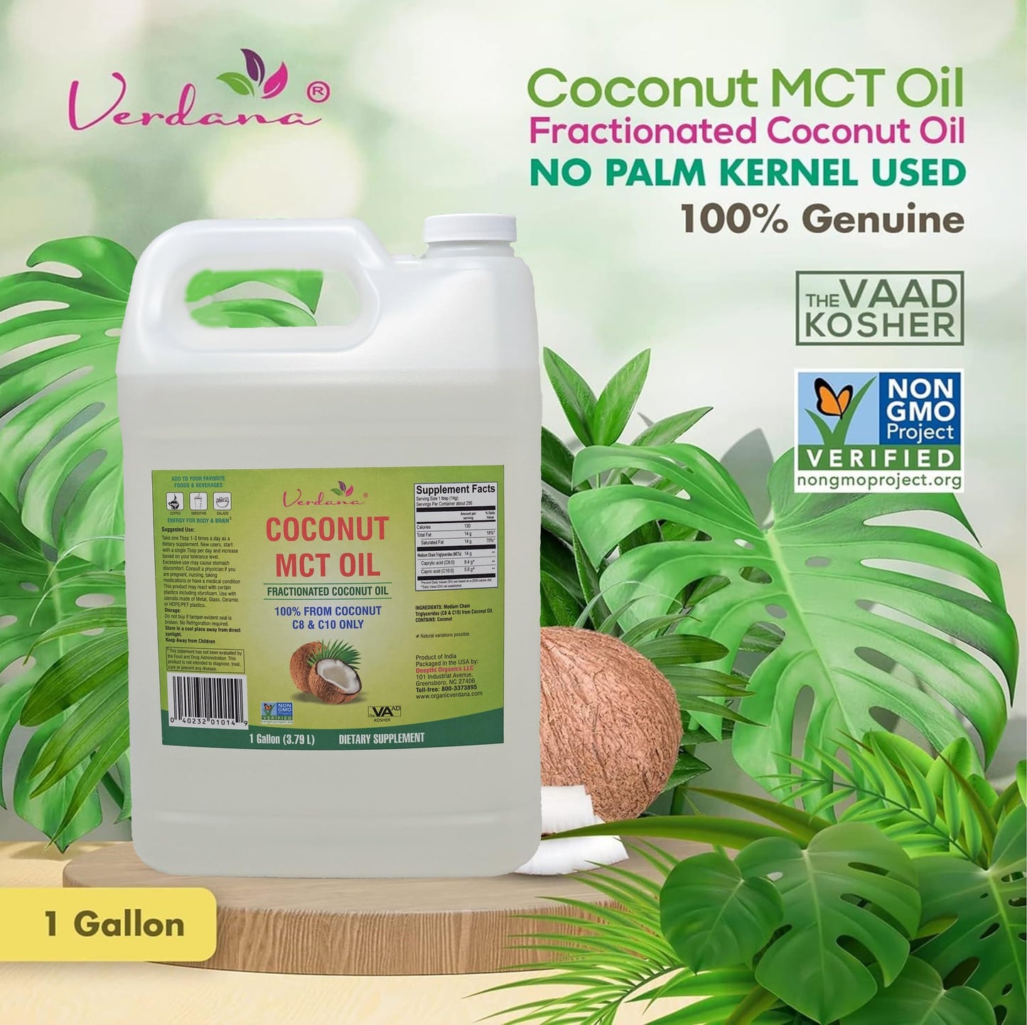 Verdana MCT Oil – 100% Coconut-Derived, 1 Gal | Kosher, Vegan, Non-GMO