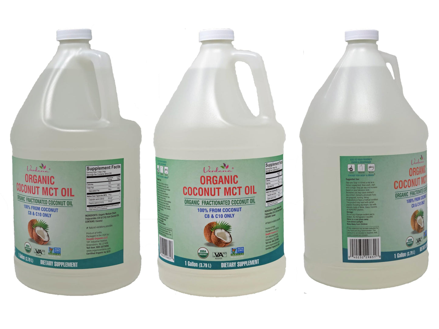 Verdana USDA Certified Organic Coconut MCT Oil – Fractionated Coconut Oil, No Palm Kernel Used, Kosher, Non-GMO, Food Grade – 1 Gallon