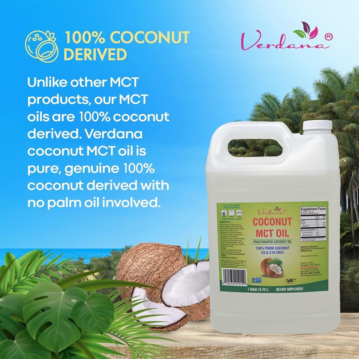 Verdana MCT Oil – 100% Coconut-Derived, 1 Gal | Kosher, Vegan, Non-GMO