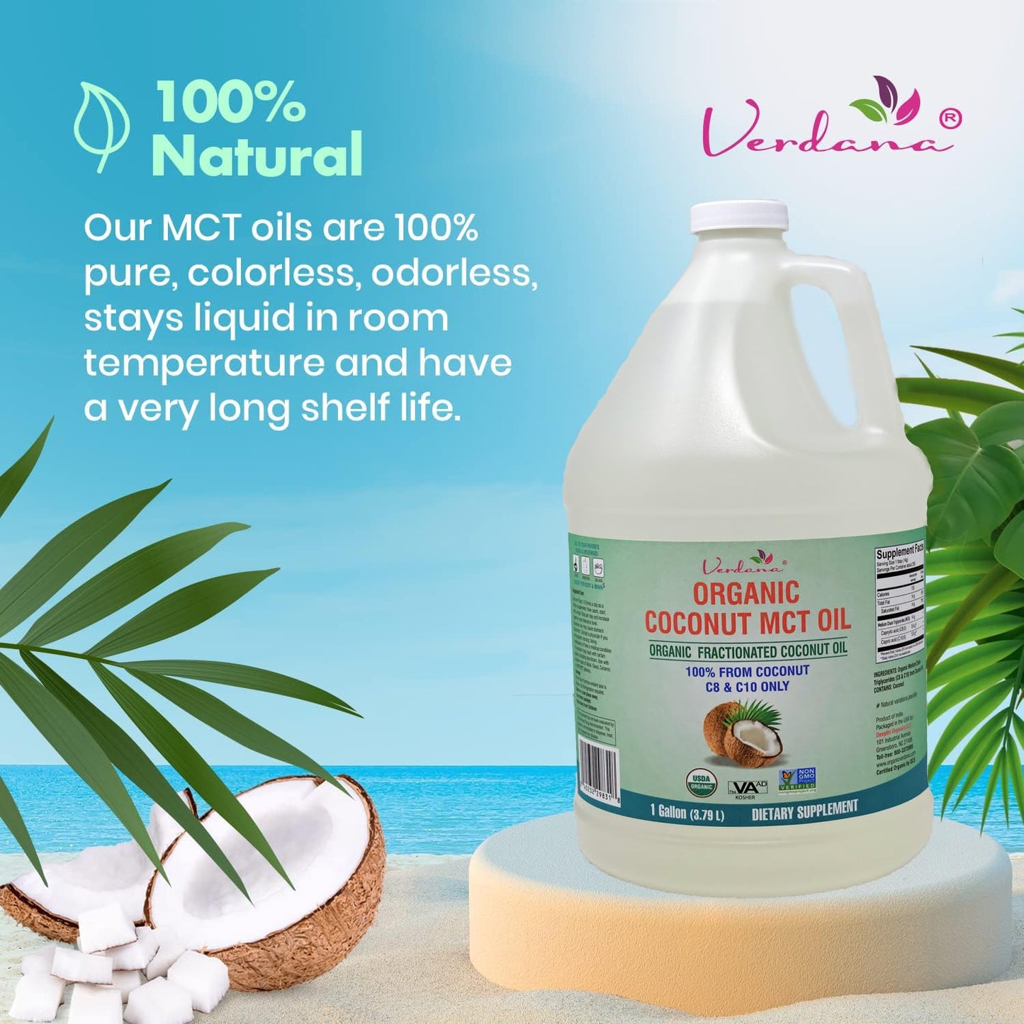Verdana USDA Certified Organic Coconut MCT Oil – Fractionated Coconut Oil, No Palm Kernel Used, Kosher, Non-GMO, Food Grade – 1 Gallon