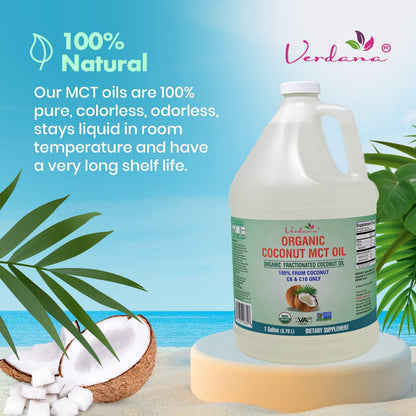 Verdana USDA Certified Organic Coconut MCT Oil – Fractionated Coconut Oil, No Palm Kernel Used, Kosher, Non-GMO, Food Grade – 1 Gallon