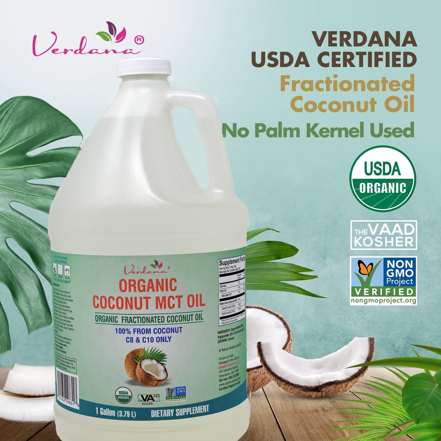 Verdana USDA Certified Organic Coconut MCT Oil – Fractionated Coconut Oil, No Palm Kernel Used, Kosher, Non-GMO, Food Grade – 1 Gallon