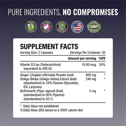 Approved Science VertiSyl – Ginkgo Biloba, Ginger, Vitamin D3, BioPerine | 60 Capsules, 1 Month Supply