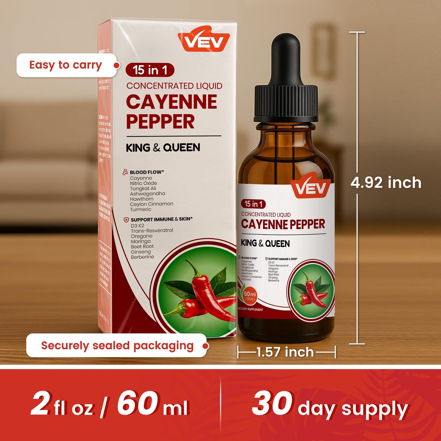 VEV 15-in-1 Cayenne Pepper Drops Supplement Liquid, with Vitamin D3 K2, L-Arginine, Resveratrol, Oregano, Moringa, Berberine, Hawthorn, Beet, Turmeric - Vegan, Non-GMO 2 fl oz