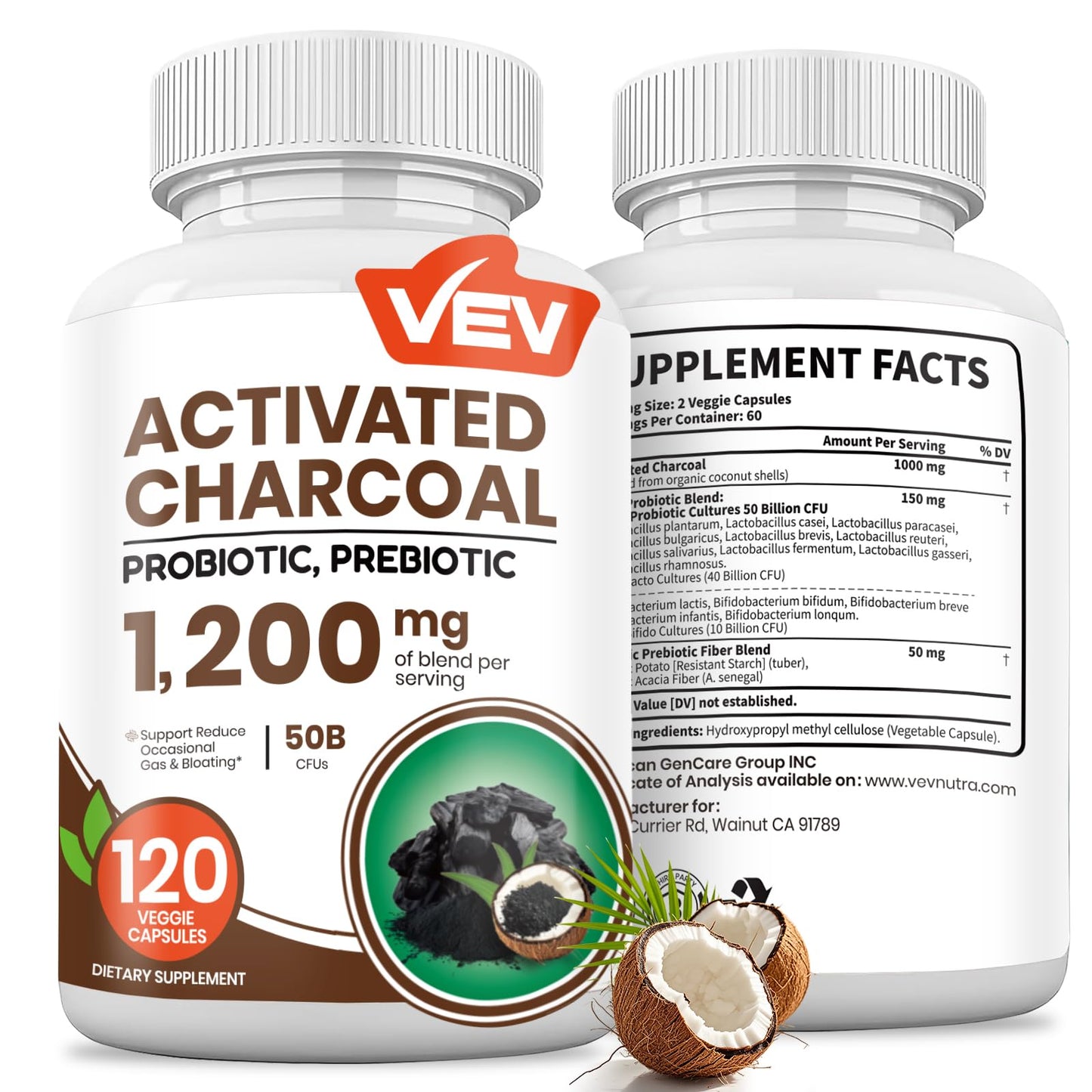 VEV Activated Charcoal with Organic Coconut Shell Charcoal & 50 Billion Probiotics – 120 Vegan Capsules for Digestive Wellness & Dietary Support