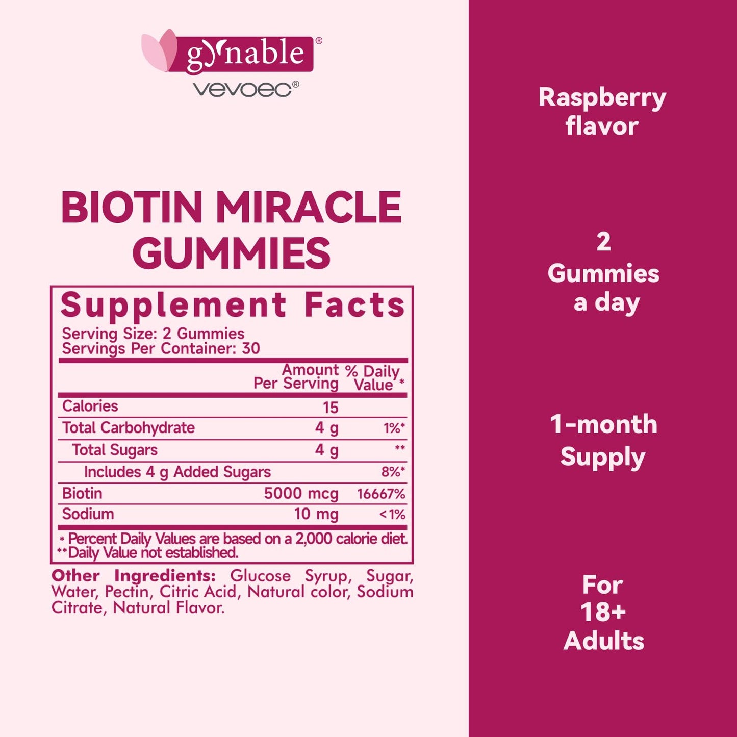 Vevoec Gynable Biotin Gummies 5000 mcg – Hair Skin Nails (60 Count)
