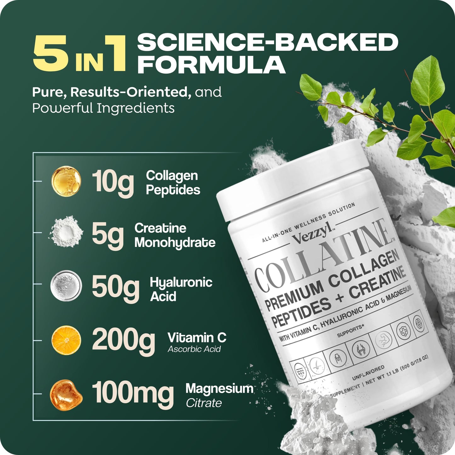 Vezzyl Collatine: Premium Collagen Peptides + Creatine with Vitamin C, Hyaluronic Acid & Magnesium