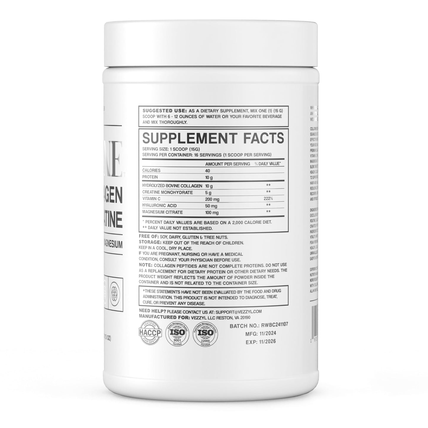 Vezzyl Collatine: Premium Collagen Peptides + Creatine with Vitamin C, Hyaluronic Acid & Magnesium