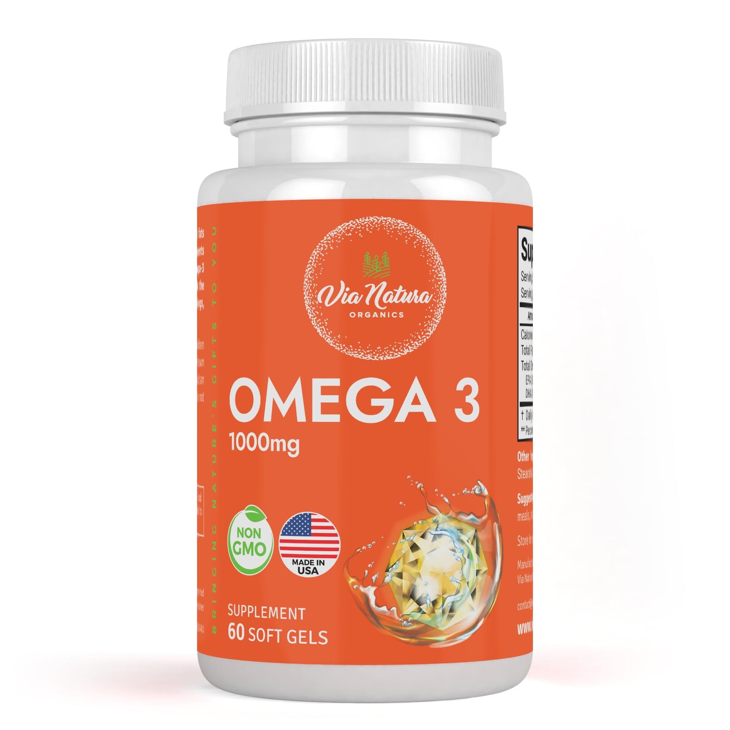 Via Natura Organics Omega 3 1000mg | EPA & DHA | 60 Softgels | Non-GMO