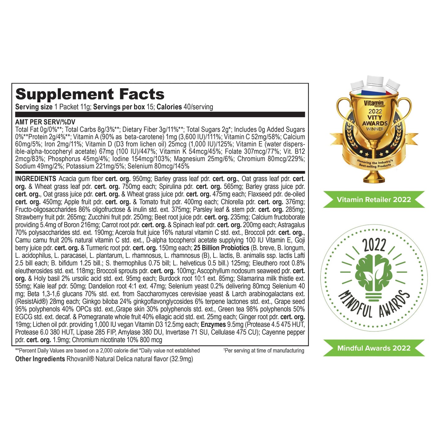 Vibrant Health Green Vibrance Packets – Travel-Friendly Vegan Superfood Powder, 15 Packets