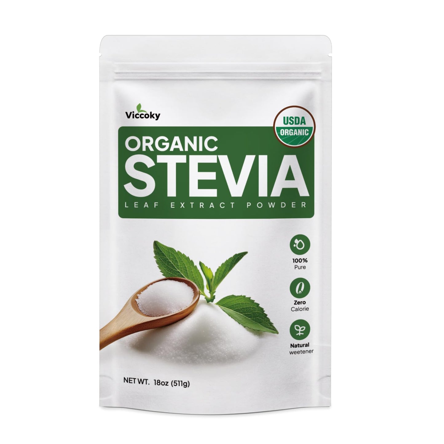 Viccoky Organic Stevia Powder – Pure, Zero-Calorie Sugar Substitute (18oz) | Keto & Vegan Friendly
