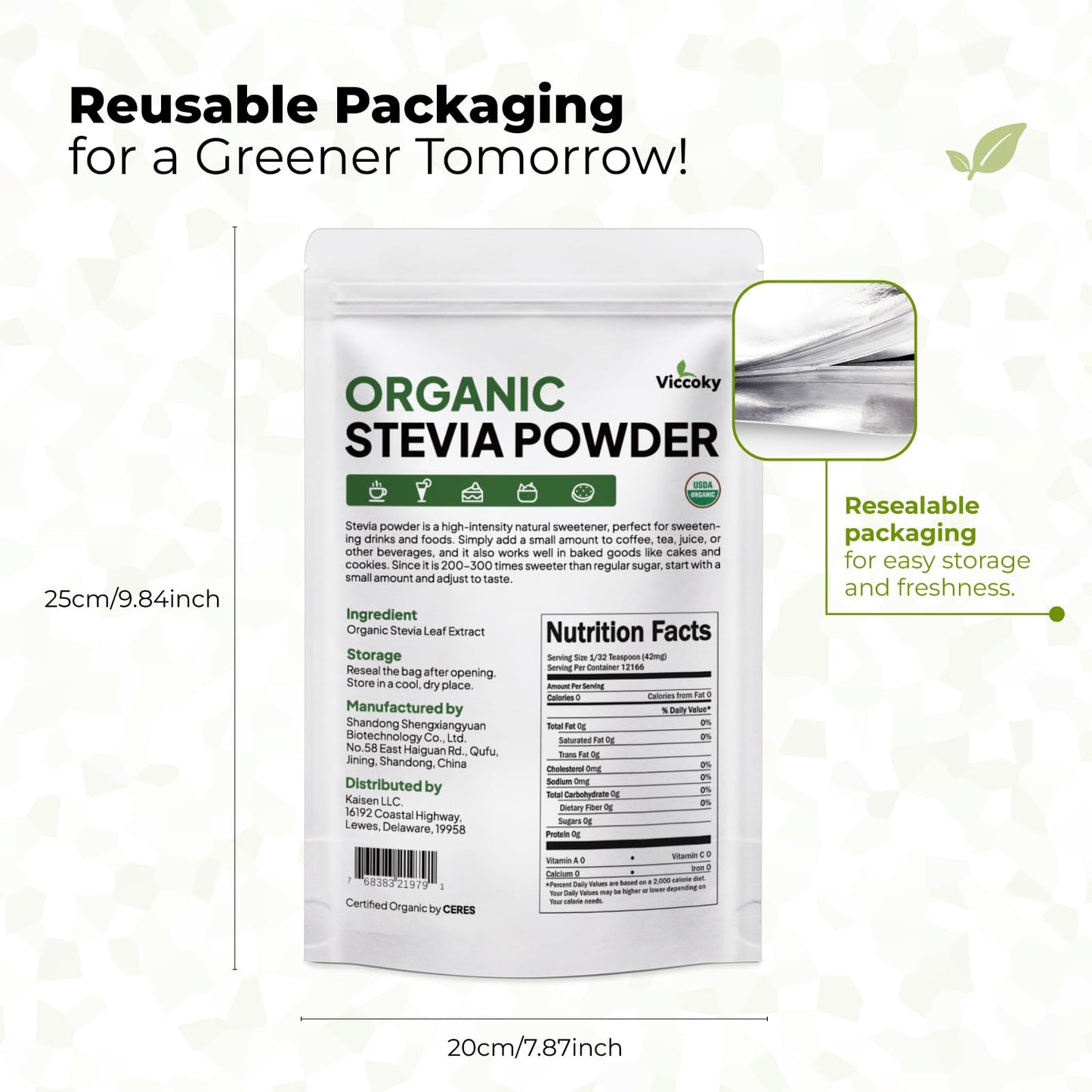 Viccoky Organic Stevia Powder – Pure, Zero-Calorie Sugar Substitute (18oz) | Keto & Vegan Friendly