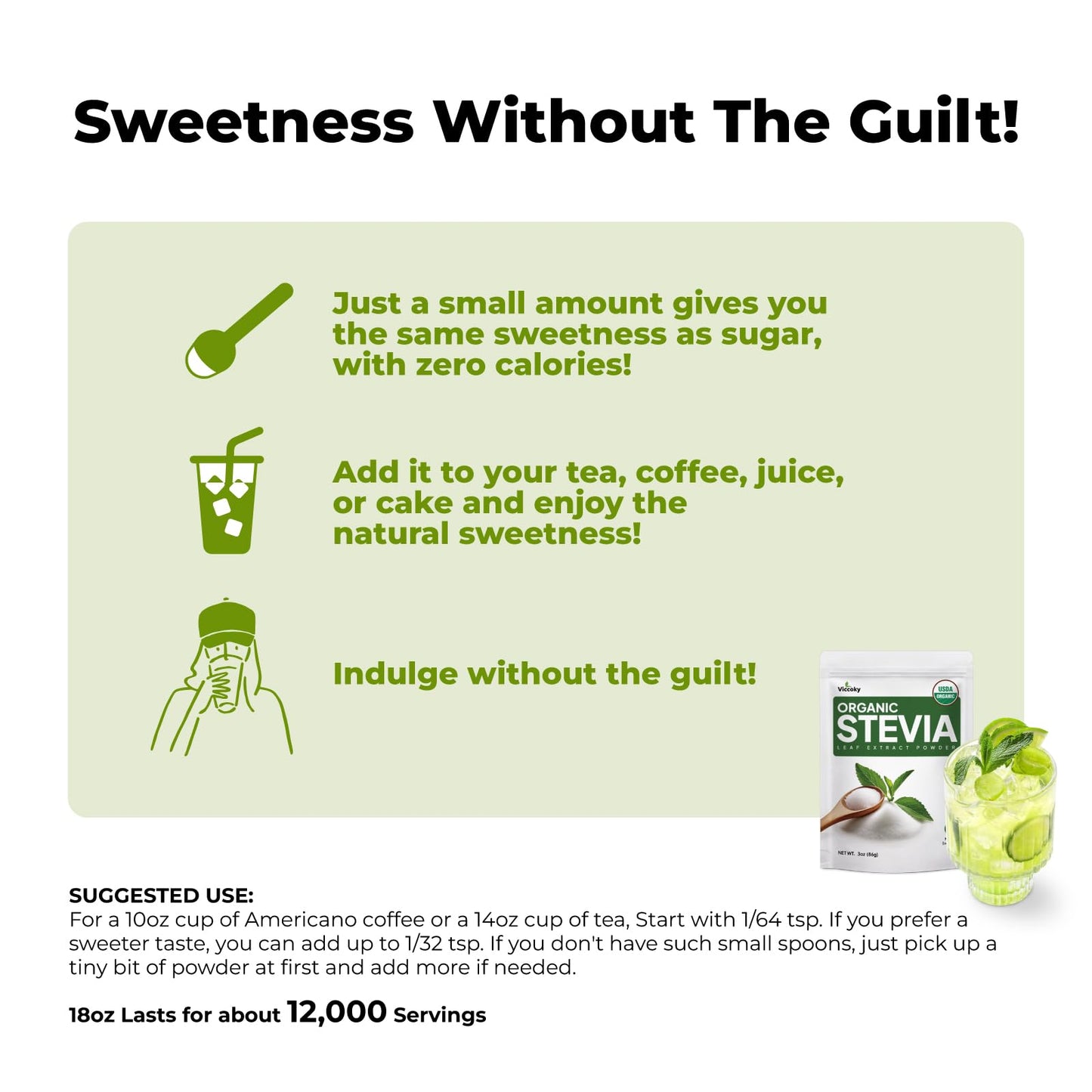 Viccoky Organic Stevia Powder – Pure, Zero-Calorie Sugar Substitute (18oz) | Keto & Vegan Friendly