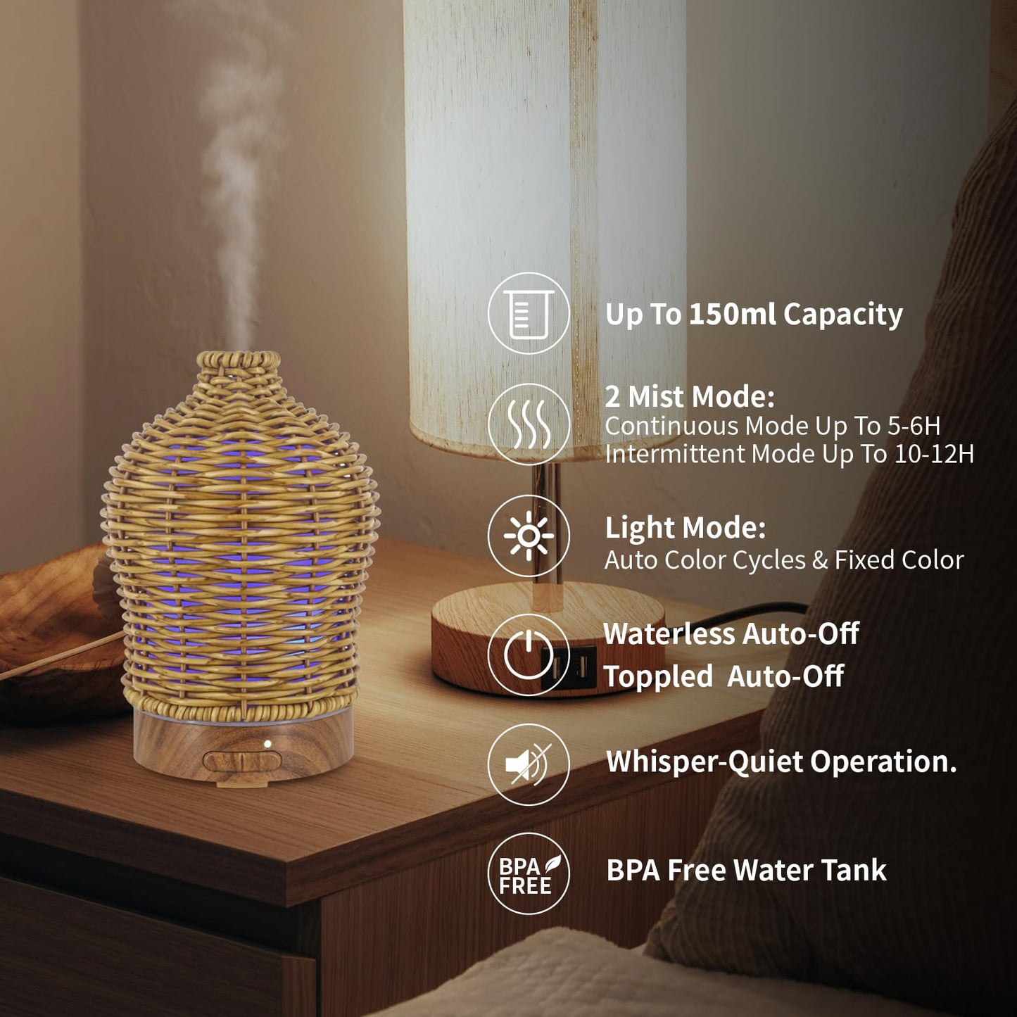 VICTORIA AROMA Essential Oil Diffuser - 150ML Rattan Diffuser with 7 LED Lights (Brown)