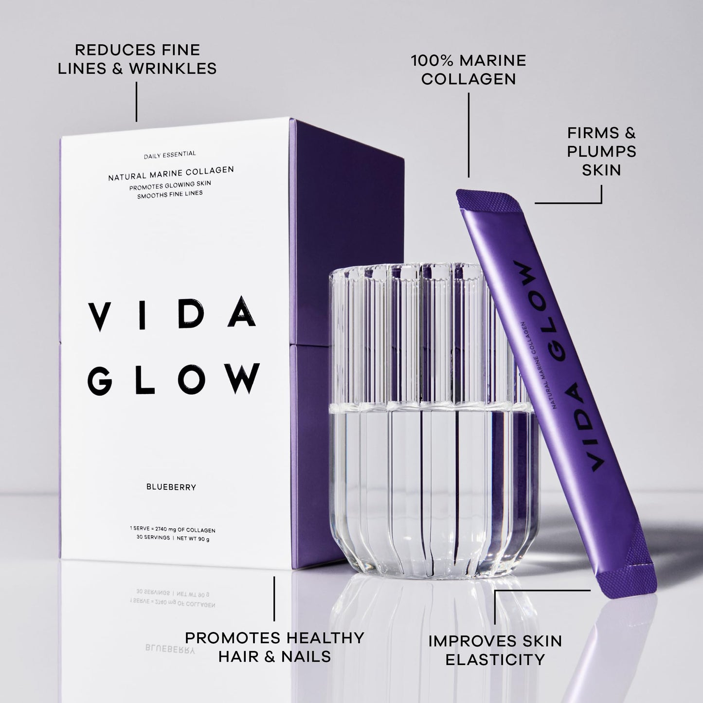 Vida Glow Marine Collagen Powder – Anti-Aging Peptides for Skin, Hair & Nails | 30 Servings, Original Flavor (Blueberry)