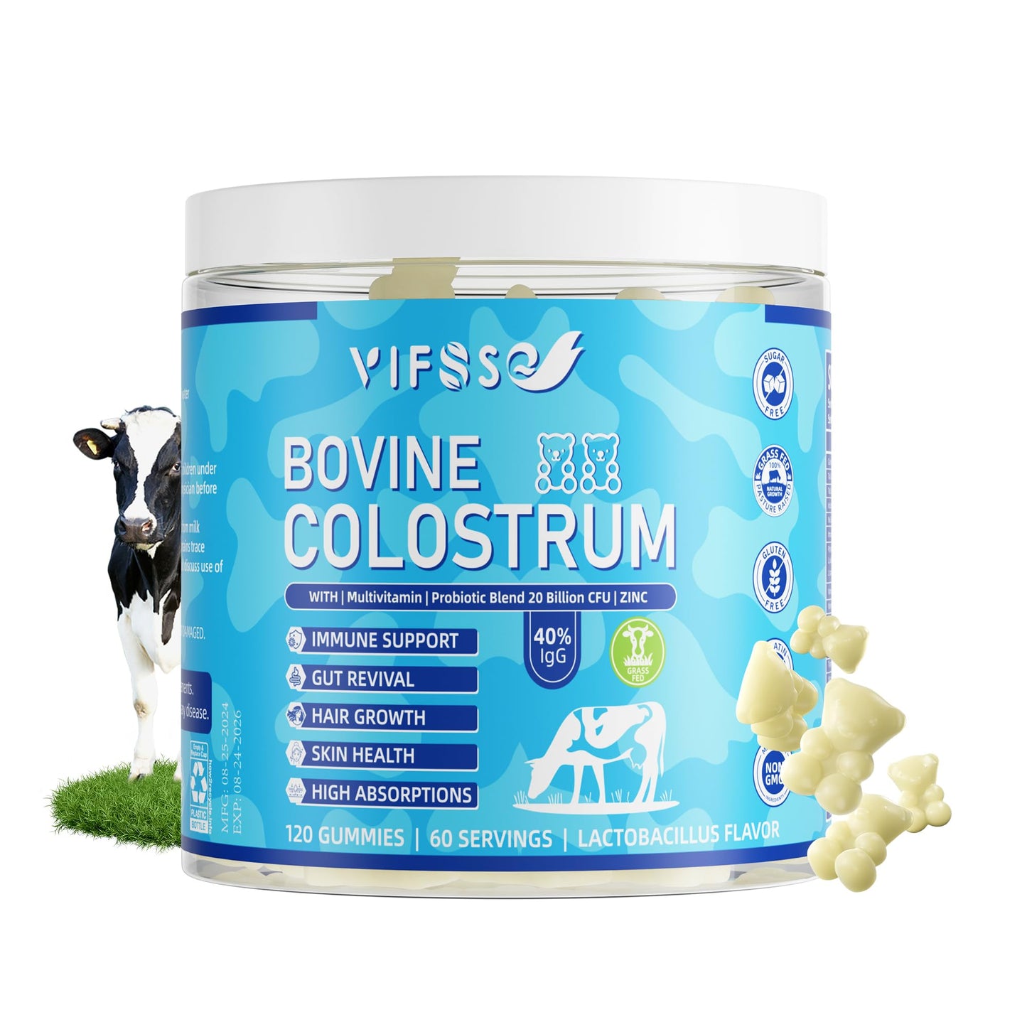 VIFSSG Grass Fed Colostrum Gummies 2000mg | Sugar Free IgG 40% | Immune & Gut Support