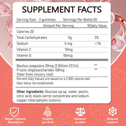 Vikaywoo Probiotic Fiber Gummies for Adults – No Sugar Added, Strawberry, 2 Billion CFUs (60 Count)