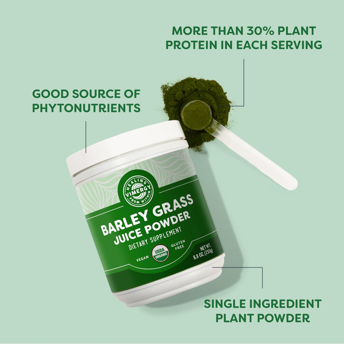 Vimergy Barley Grass Juice Powder – 0.8g per Serving, 312 Servings | Organic, Vegan, Gluten-Free, 250g Regular Size